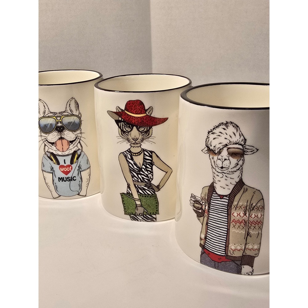 3 Ceramic Mugs French Bulldog Cat Llama Art Friends Retro‎ have-to-have Cute
